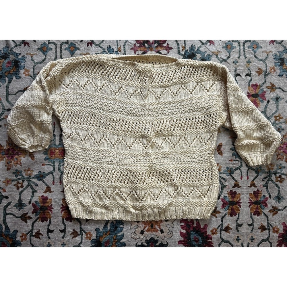 HANDMADE KNITTED COTTON SWEATER‎ 3/4 SLEEVE CREAM COLOR